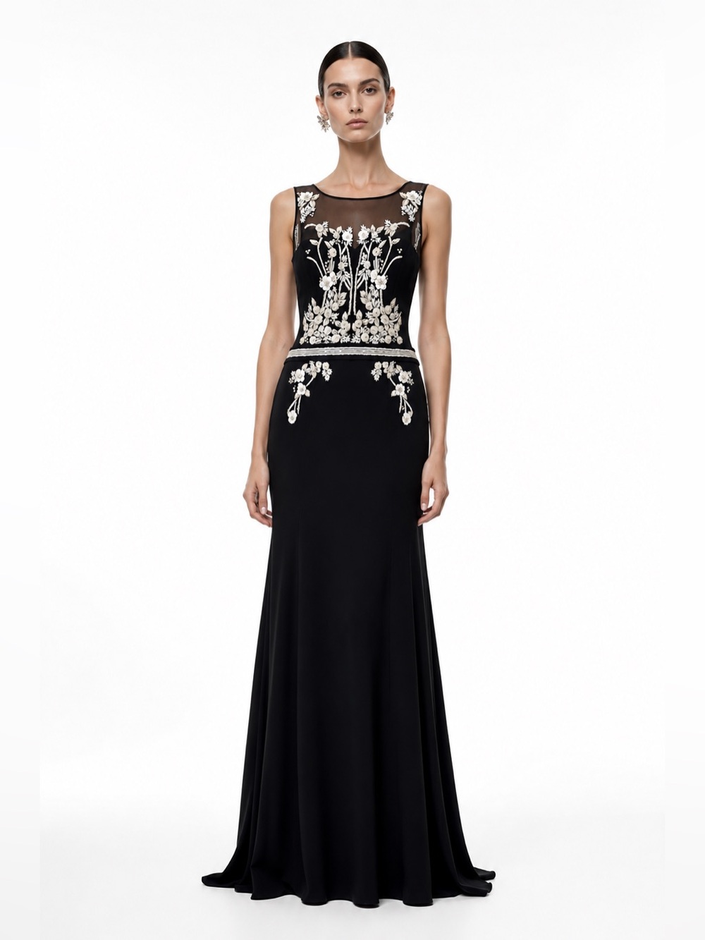 Alberto Makali Black Maxi Gown with Cream Floral Embroidery